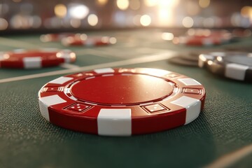 Obraz premium Close-up shot showcasing a vibrant red poker chip on a textured green felt table, with blurred casino lights creating an inviting and exciting atmosphere, enhancing the gaming experience.