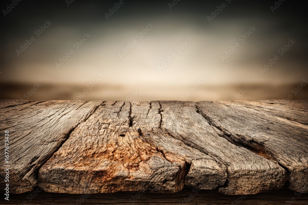 Poster rustic weathered wood table with blurred landscape background, a surface for display or product plac
