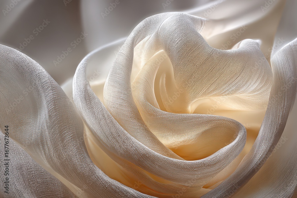 Poster close-up shot of delicate, flowing cream fabric, elegantly draped to create soft and sensual curves,
