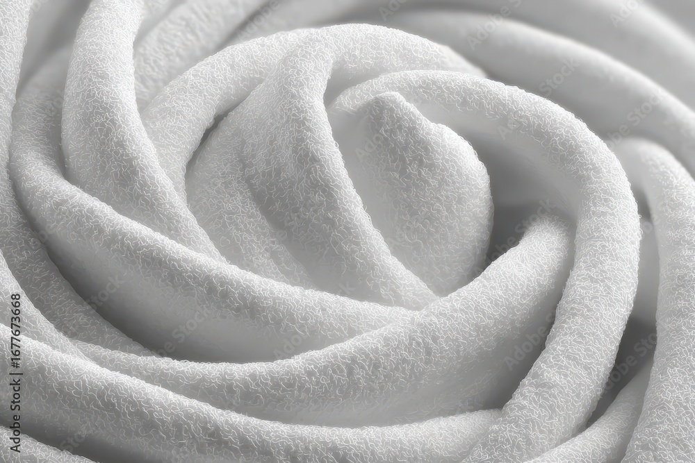 Poster close-up of a white textured fabric folded into a rose-like pattern, showcasing soft, delicate curve