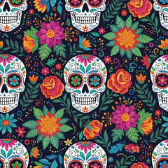 Sugar Skull with Colorful Flowers on Dark Background