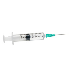 Fototapeta premium Close-up shot of a medical syringe filled with green liquid and a sharp needle ready for injection transparent background