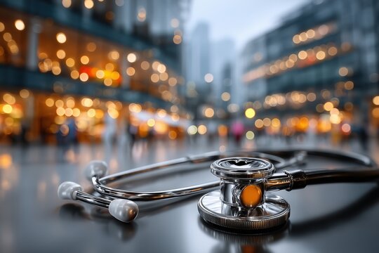 Autumn reflections on a stethoscope urban landscape magazine photography healthcare environment close-up perspective