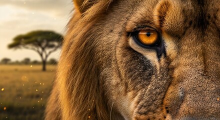 Naklejka premium Piercing Amber Gaze of a Majestic African Lion at Golden Hour, Close-Up Detail of Eye and Textured Fur with Soft Savanna Background.