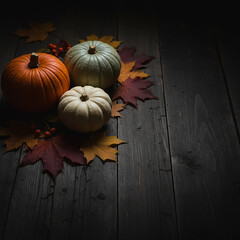 Three pumpkins on dark rustic wood with fall leaves - minimalist autumn setup