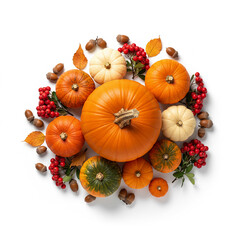 Fall pumpkin arrangement with acorns, berries and autumn leaves on white background
