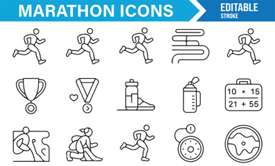 Editable stroke line icons for marathon, athletics, and endurance sports event graphics