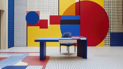 Vibrant Geometric Interior: Blue Desk, Primary Colors, Abstract Shapes, and Grid Patterns