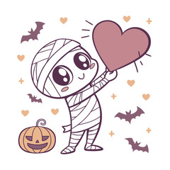 Cute Mummy with Heart Silhouette – Funny and Spooky Halloween, Cartoon Monster, Kid-Friendly Vector