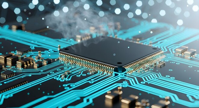 Macro View of a Neon-Blue Circuit Board with Pulsing Data Streams and Abstract Global Network Background, Emphasizing Luminous Threads