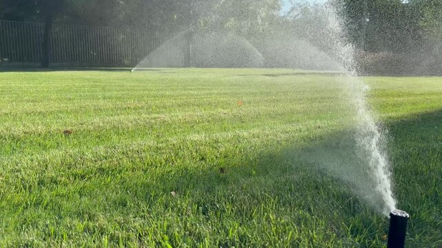 A detailed close-up view of a lawn irrigation sprinkler watering green grass. Represents garden care, landscaping technology, and efficient water management for outdoor spaces.