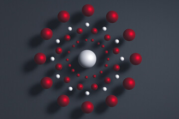 geometric abstract layout featuring floating red and white balls in circular pattern around pulsing central mass, dark gray matte background for modern visual art themes