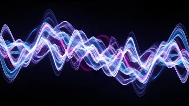 A vibrant visualization of glowing blue and purple sound or energy waves flowing across a black background.