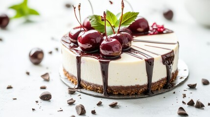 Delicious Cherry Cheesecake with Chocolate Drizzle and Fresh Cherries