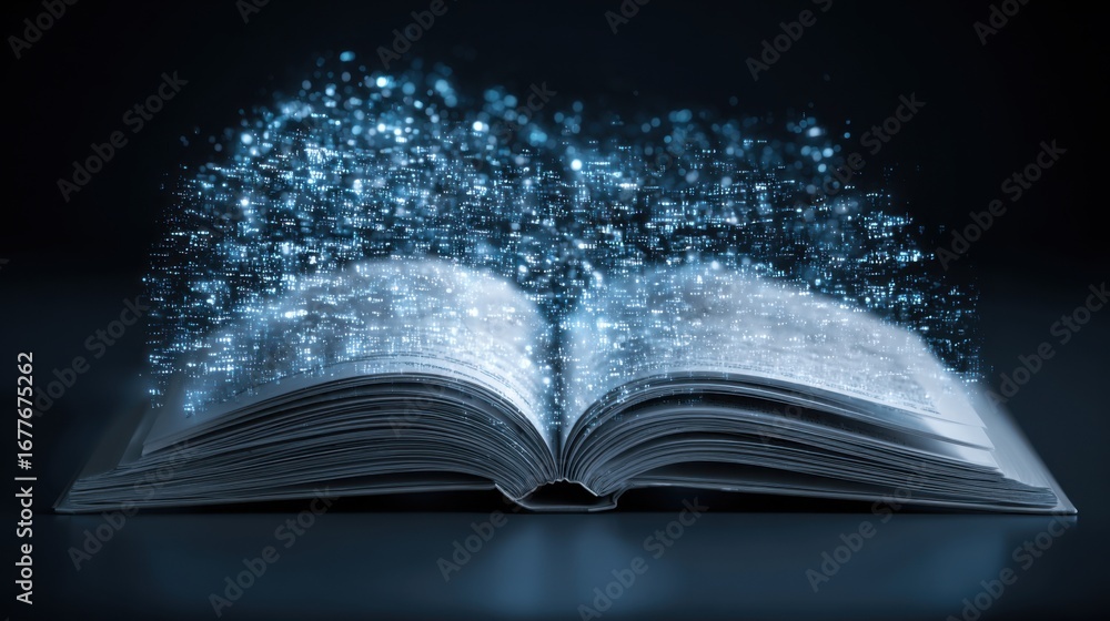 Poster an open book displays glowing particles that rise into the air, representing the fusion of literatur