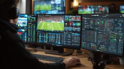 A sports analyst focuses intently on several monitors, analyzing data and statistics from a live football match. The setting is a high-tech office with a vibrant atmosphere.