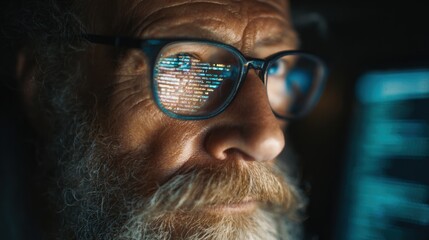 A programmer intently studies lines of code displayed on a computer screen. The reflections in his glasses reveal bright data, illustrating a dedicated work session at night.