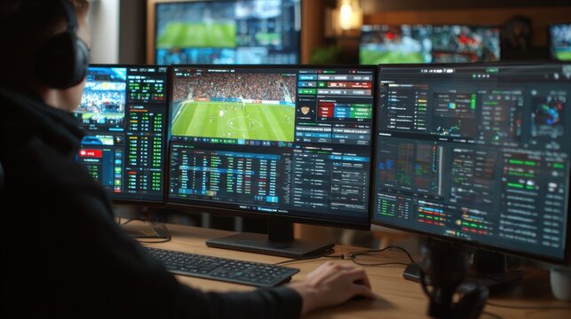 A sports analyst focuses intently on several monitors, analyzing data and statistics from a live football match. The setting is a high-tech office with a vibrant atmosphere.