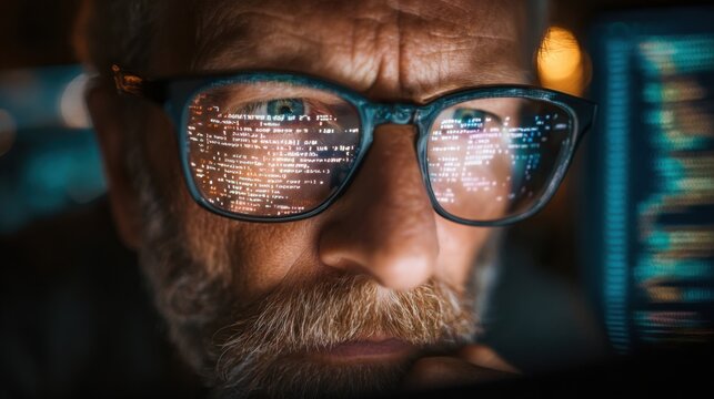 In a dim room at night, a programmer intently examines lines of code reflected on his glasses, highlighting the blend of focus and technology in software development.