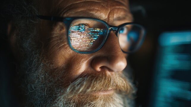 A programmer intently studies lines of code displayed on a computer screen. The reflections in his glasses reveal bright data, illustrating a dedicated work session at night.