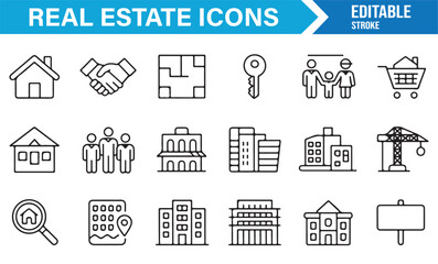 Construction and real estate outline icons for property, urban development, and housing use