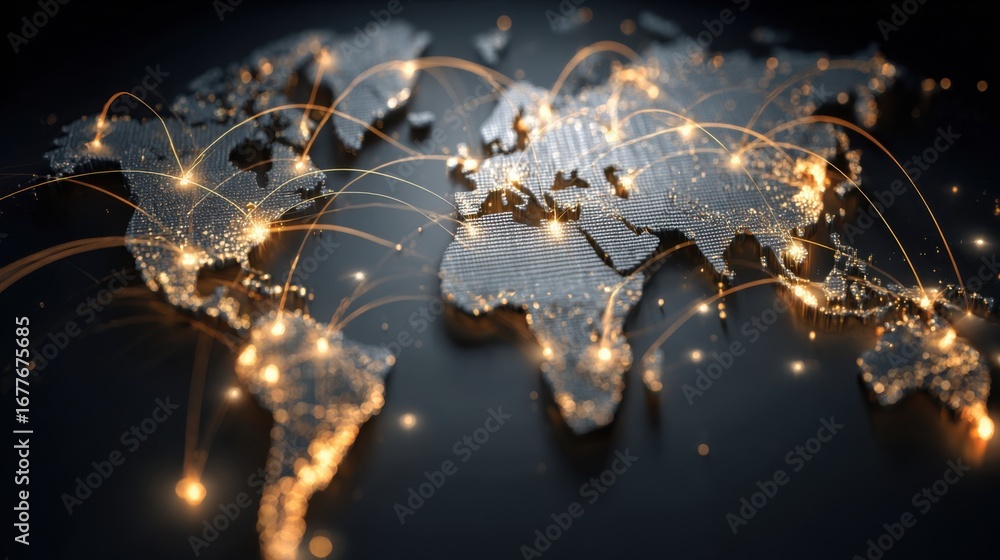 Poster a detailed map of the world displays shimmering lights connecting various cities, representing globa