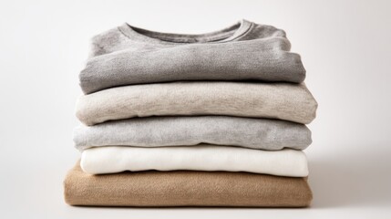 A stack of five neatly folded sweaters in shades of gray and beige. The garments are arranged in a casual, orderly fashion, showcasing their soft textures and simple colors.