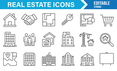Vector line icons for real estate, architecture, housing, and property investment design