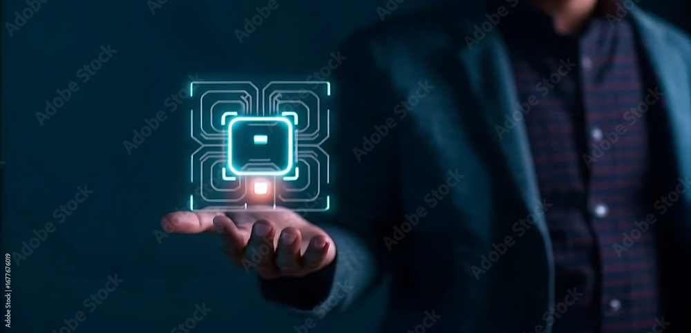 Poster businessman holding hologram digital chatbot, conversational assistant, ai artificial intelligence c