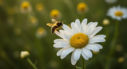 Delicate daisy and pollinating bee enjoying the golden hour sunlight in a serene meadow