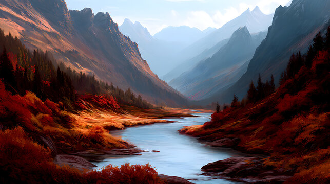 A river winding through a deep autumn valley, with rch red, orange, and yellowfoliage, mountains rising n the distance.