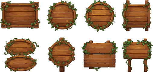 Collection of cartoon wooden signs with ivy vines, perfect for fantasy games, adventure maps, forest themes, and nature-inspired interface elements. © Ashik Creatives
