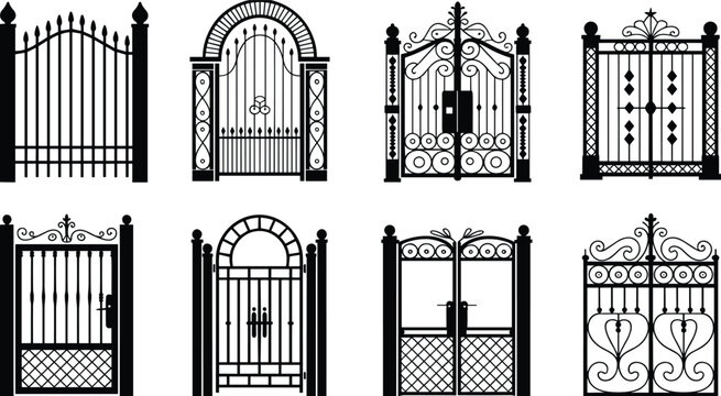 Collection of wrought iron gates silhouettes with decorative scrollwork, elegant arches, ornamental designs, classic metal fences, and secure entrance gates for gardens and estates