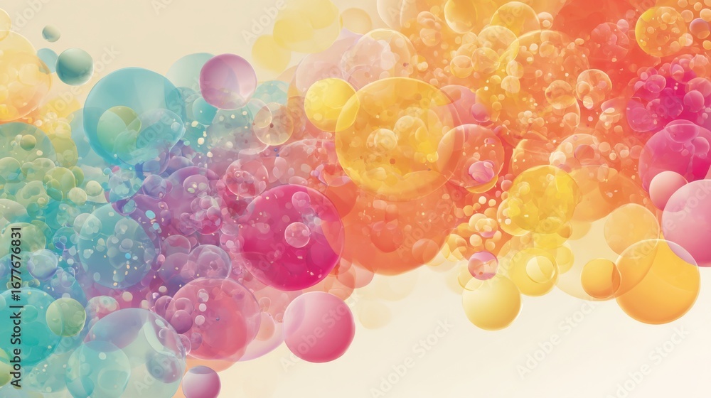 Poster bubbles of various sizes float across a soft background, showcasing a blend of pastel colors includi