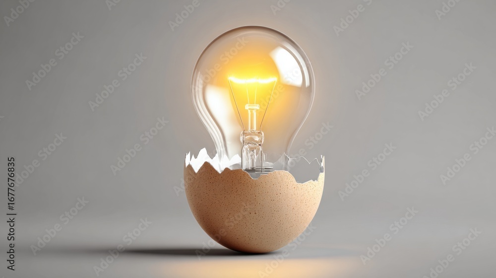 Poster bright light emanates from a light bulb nestled inside a cracked eggshell, representing innovation a