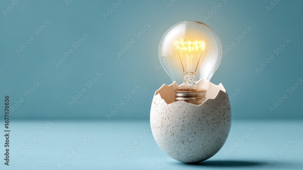 Poster a light bulb is placed inside a cracked eggshell, symbolizing new ideas and innovation. the soft blu