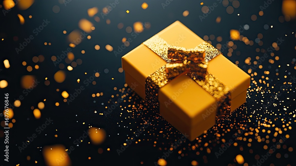 Poster golden gift box with sparkling bokeh on dark background