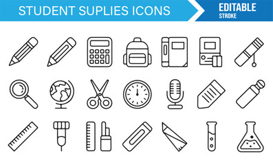 Minimal line style school stationery and academic supplies icons for vector design projects