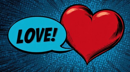 Comic book style illustration of a red heart with "LOVE!" in a speech bubble, perfect for Valentine's Day cards or social media.