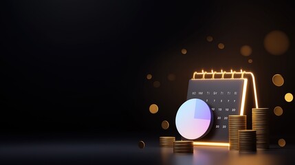 Floating Glowing Calendar with Pie Chart and Stacked Coins, Minimalist Background with Copy Space, Financial Planning, Investment, and Business Analytics Concept
