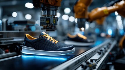 Fototapeta premium Robotic arms assemble sneakers on a conveyor belt in a modern automated factory, highlighting technological advancement in footwear manufacturing.