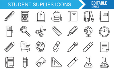 Outline icon set of school materials and stationery for academic and learning themes