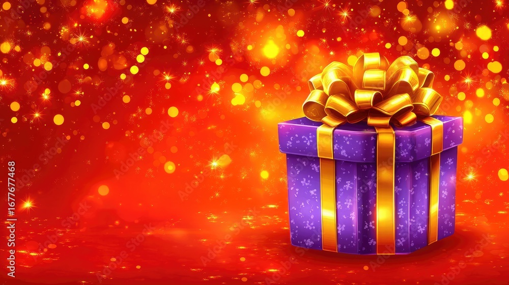 Poster luminous purple gift with a gleaming gold bow on a magical red bokeh background with sparkles