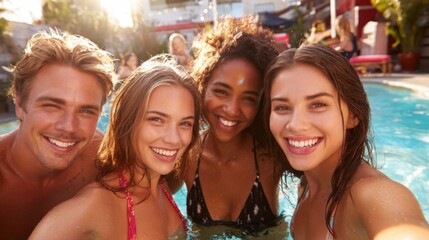 Four friends smile at the camera while standing in a refreshing pool. The afternoon sun casts a warm glow, highlighting their joyful expressions and the fun atmosphere around them.