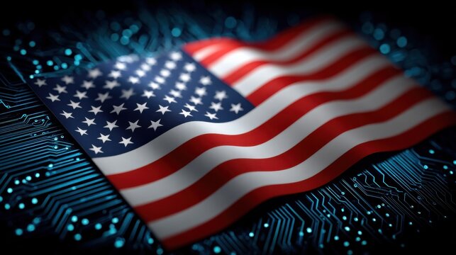 American flag blended with circuit board, symbolizing cybersecurity and digital technology integration.
