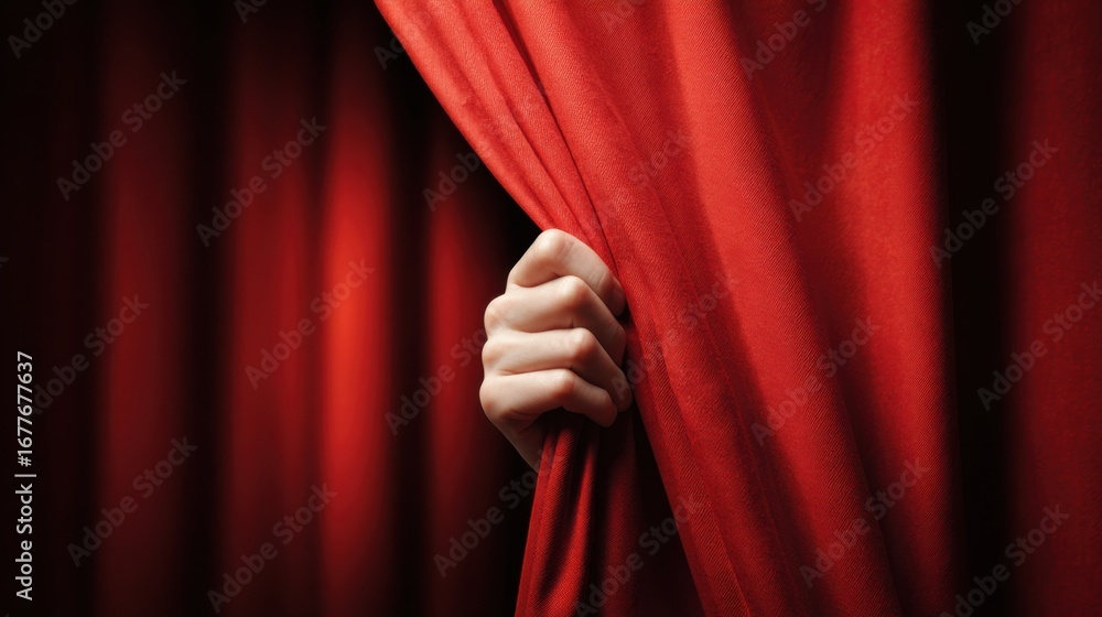 Poster a hand grasps a red curtain, gently pulling it aside. the vibrant fabric suggests a theatrical setti