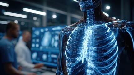 Futuristic medical scene showing a digital human skeleton interface with doctors analyzing data in a modern high-tech hospital environment.