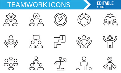 Editable teamwork outline icons set for business meetings, networking, and cooperation projects
