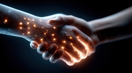 A futuristic handshake between digital and human hands, symbolizing fintech partnerships and secure data exchange, with glowing circuit patterns.