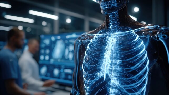 Futuristic medical scene showing a digital human skeleton interface with doctors analyzing data in a modern high-tech hospital environment. - Powered by Adobe